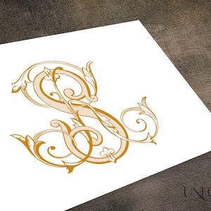 May include: A gold-colored, ornate, decorative letter S with intricate swirls and flourishes.