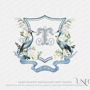 Blue Heron with White Flowers - hand-painted watercolor, Pre-made Crest Design with your choice of interlocking wedding monogram