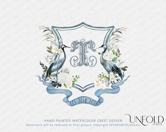 Blue Heron with White Flowers - hand-painted watercolor, Pre-made Crest Design with your choice of interlocking wedding monogram
