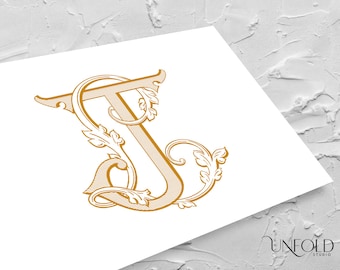 Könnte beinhalten: Ein goldenes Monogramm-Initial "J" mit verzierten floralen Schnörkeln. Der Buchstabe ist in einer Vintage-Schriftart mit Verzierungen gestaltet.