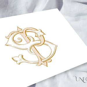 May include: A gold monogram with the letters "P" and "S" intertwined in a decorative, stylized font. The letters are surrounded by ornate flourishes and scrolls.