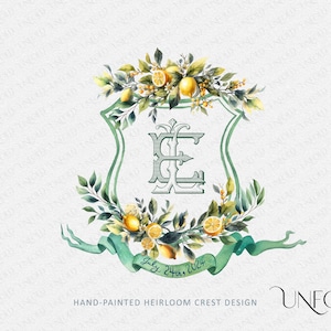 Lemon branches Themed Crest with Flowers - watercolor crest, Crest Design with your choice of interlocking monogram