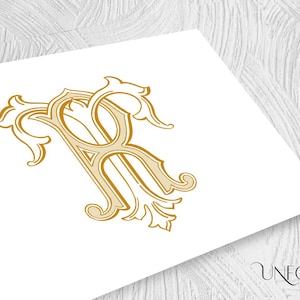 May include: A gold-coloured monogram featuring the letters "R" and "R" intertwined in a decorative, ornate font. The letters are surrounded by intricate flourishes and swirls.