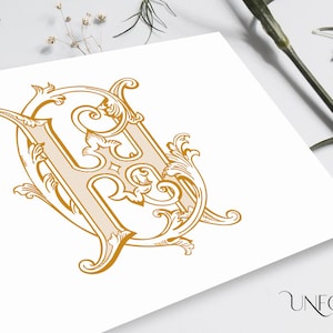May include: A gold monogram with the letter "H" in a decorative, ornate font. The letter is surrounded by intricate floral designs.