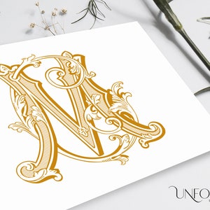May include: A gold monogram with the letters "M" and "N" intertwined with ornate floral designs. The monogram is on a white background.
