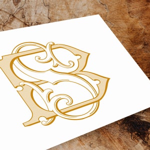 May include: A gold-colored monogram with the letters "S" and "B" intertwined in a decorative, stylized font.