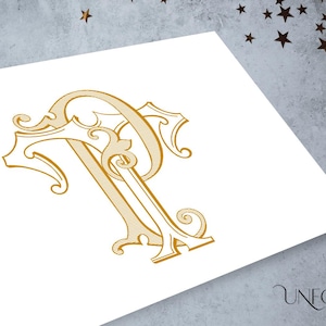 May include: A gold monogram with the letters "A" and "P" intertwined in a decorative, ornate font.