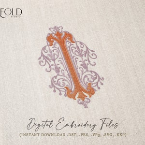 Archivos de bordado de monogramas con decoración de remolinos floreados en 3", 4" y 5" de alto, formatos de archivo disponibles en vp3, svg, pes, exp y dst