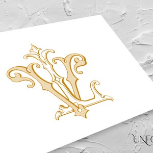 Puede incluir: Un monograma dorado con las letras "W" y "L" entrelazadas en un estilo decorativo y ornamentado. Las letras están rodeadas de florituras y espirales intrincadas.