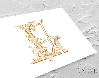 Könnte beinhalten: Ein goldenes Monogramm mit den Buchstaben "H" und "I", die mit verzierten floralen Designs ineinander verschlungen sind.