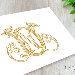 Könnte beinhalten: Ein goldenes Monogramm mit den Buchstaben "N" und "O", die in einer dekorativen, verzierten und stilisierten Schriftart miteinander verschlungen sind. Die Buchstaben sind von komplizierten Schnörkeln und Wirbeln umgeben.