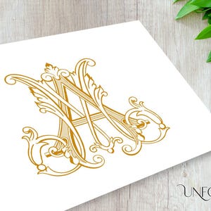 May include: A gold monogram with the letters "A" and "A" intertwined in a decorative, ornate font. The letters are surrounded by intricate flourishes and swirls.