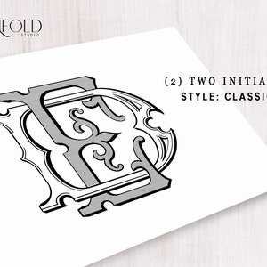 May include: Black and white illustration of the letters "FD" in a classic, ornate style. The letters are intertwined and have a decorative border. The text "(2) TWO INITIALS STYLE: CLASSIC" is also included in the image.