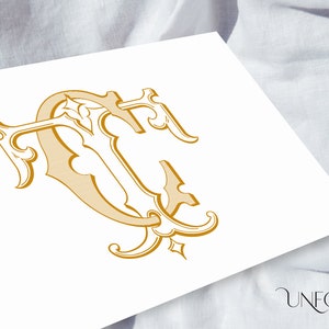 Puede incluir: Un dise&ntilde;o de monograma dorado con las letras "T" y "C" entrelazadas, sobre un fondo blanco. El dise&ntilde;o tiene adornos decorativos y est&aacute; sobre una superficie blanca texturizada. El logotipo de Unfold Studio est&aacute; en la esquina inferior derecha.