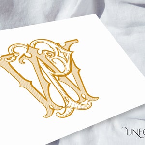 May include: A gold monogram with the letters "W" and "R" intertwined in a decorative, ornate style.