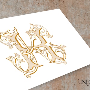 May include: A gold monogram with the letters "VH" intertwined in a decorative, ornate font. The letters are surrounded by intricate floral designs.