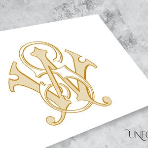May include: A gold monogram with the letters "S" and "W" intertwined in a decorative, stylized font.