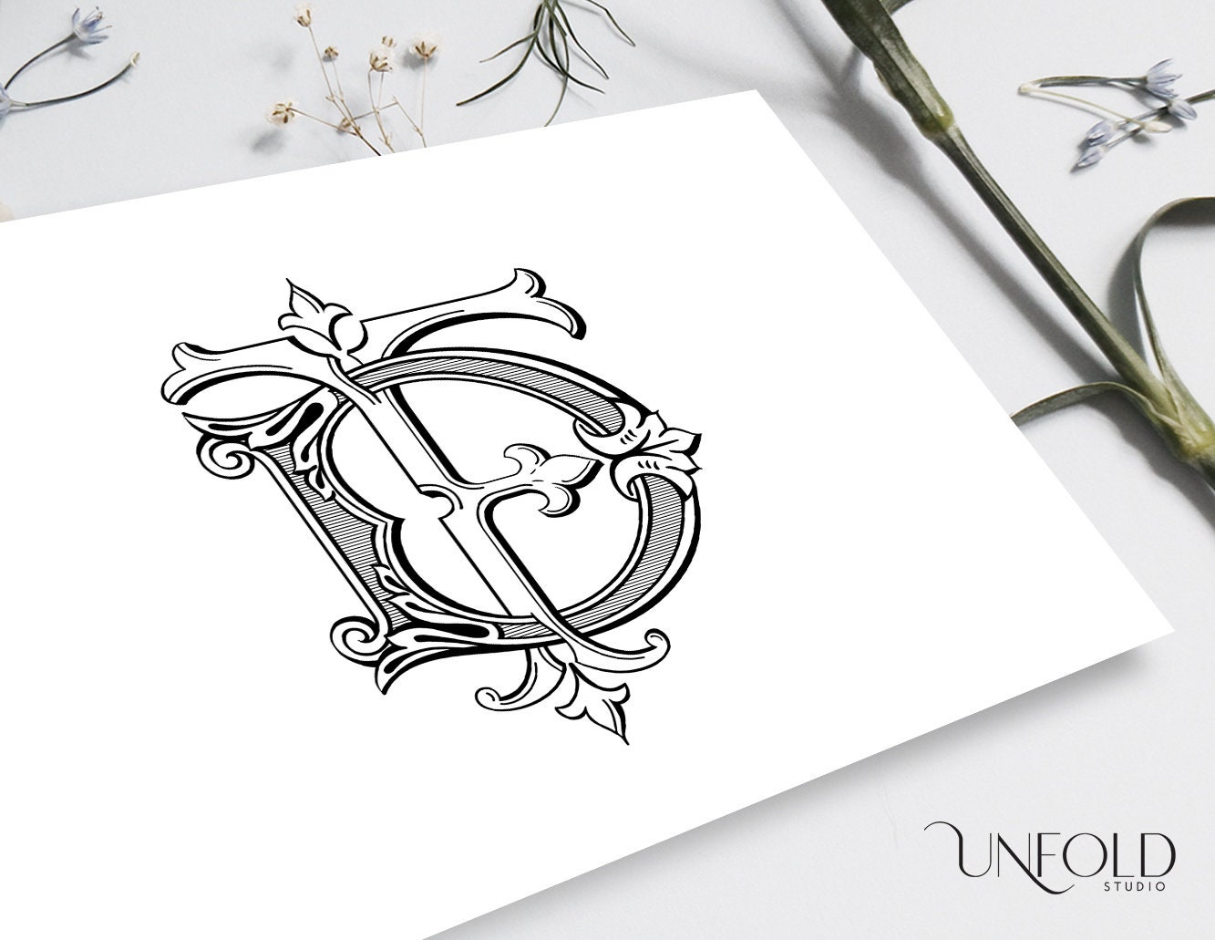 FD or DF Initial Monogram, Two Letter Monogram Design for Couples