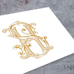 May include: A gold monogram with the letters "S" and "H" intertwined in a decorative, ornate, floral design.
