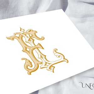 May include: A gold-colored monogram with the letter "F" in a decorative, ornate font. The letter is surrounded by intricate flourishes and swirls.