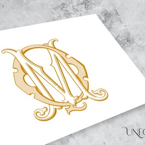 May include: A gold monogram featuring the letters "M" and "O" intertwined in a decorative, ornate style. The letters are set against a white background.