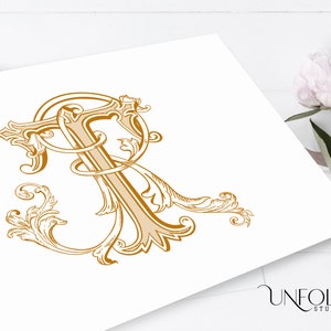 May include: A gold monogram featuring the letters "R" and "F" intertwined in a decorative, ornate style. The letters are surrounded by intricate flourishes and scrolls.