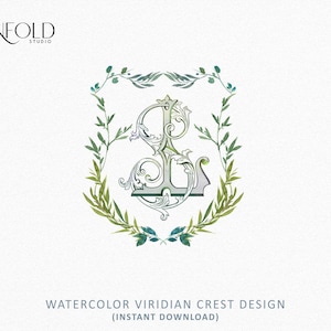 Iniciales L y S, diseño de cresta viridiana en acuarela, cresta frondosa, monograma entrelazado con iniciales de dos letras: descarga instantánea para LS o SL