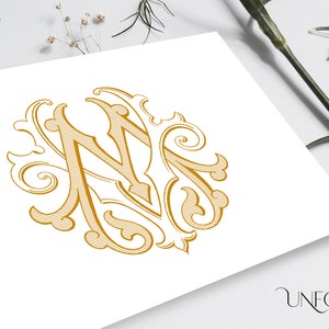 May include: Gold monogram design featuring the letters "N" and "M" intertwined within an ornate, circular frame. The design is set against a white background, with the text "UNFOLD STUDIO" in the bottom right corner.