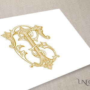 May include: A gold monogram with the letters "T" and "S" intertwined in a decorative, ornate font.