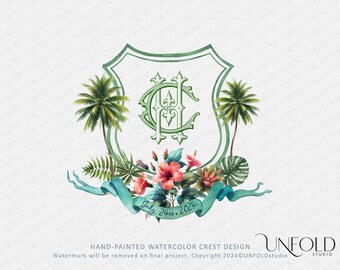 Tropical Themed Crest with Coconut Trees and Hibiscus Flowers - watercolor crest, Crest Design with your choice of interlocking monogram