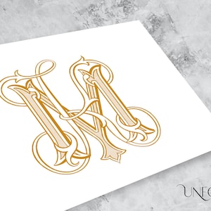 May include: A gold monogram with the letters "M" and "H" intertwined in a decorative, stylized font.