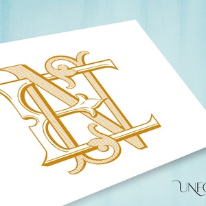 May include: A gold monogram with the letters "N" and "L" intertwined in a decorative, stylized font. The letters are outlined with a thin line and have a hatched pattern inside.
