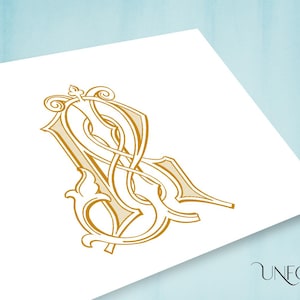 May include: A gold monogram with the letters "V" and "S" intertwined in a decorative, ornate style. The letters are stylized with flourishes and swirls.