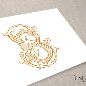 May include: A gold-colored, ornate, decorative letter S with a floral design.
