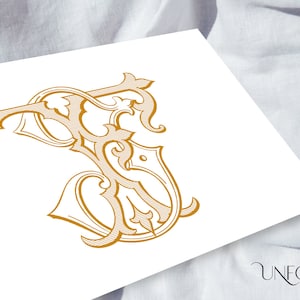 Könnte beinhalten: Ein goldenes Monogramm mit den Buchstaben "K" und "S", die in einem dekorativen, verzierten Stil miteinander verschlungen sind. Die Buchstaben sind mit Schnörkeln und Wirbeln verziert.