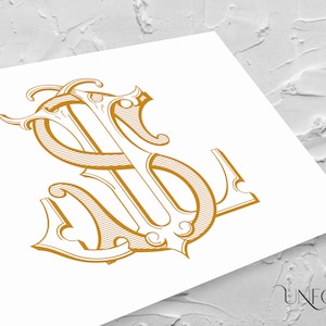 以下が含まれることがあります： 装飾的なスタイリッシュなフォントで、文字「S」と「L」が絡み合った金のモノグラムです。