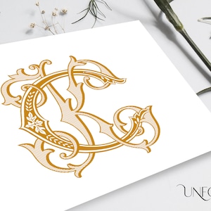 May include: A gold monogram featuring the letters "C" and "K" intertwined within a decorative, floral design.