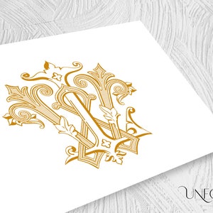 May include: A gold monogram with the letters "W" and "W" intertwined. The letters are surrounded by ornate flourishes and scrolls.