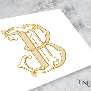May include: A gold monogram with the letters "IB" intertwined in a decorative, stylized font.