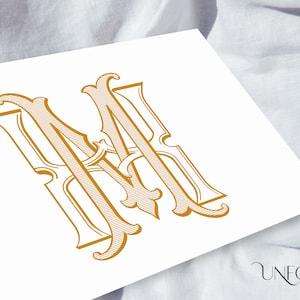 May include: A gold monogram with the letters "M" and "B" intertwined in a decorative, stylized font.