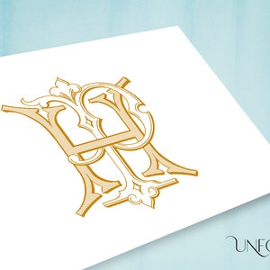 May include: A gold monogram with the letters "H" and "H" intertwined in a decorative, ornate style. The letters are set against a white background.