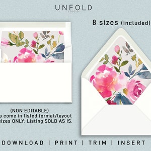 May include: Printable envelope liners featuring a watercolour floral design in shades of pink, blue, and green on a light grey background. The text on the image reads "UNFOLD studio", "8 sizes (included)", "(NON EDITABLE) Liners come in listed format/layout and sizes ONLY. Listing SOLD AS IS.", and "DOWNLOAD | PRINT | TRIM | INSERT".