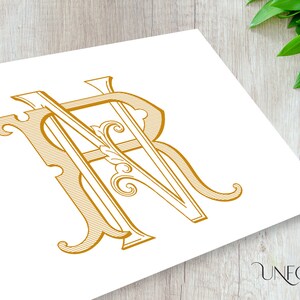 Peut inclure: Un monogramme doré avec les lettres "N" et "R" entrelacées. Les lettres sont dans une police décorative et ornée avec des fioritures et des volutes. Le monogramme est sur un fond blanc.