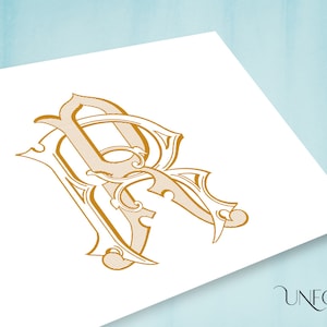 May include: A gold monogram with the letters "R" and "R" intertwined in a decorative, stylized font.