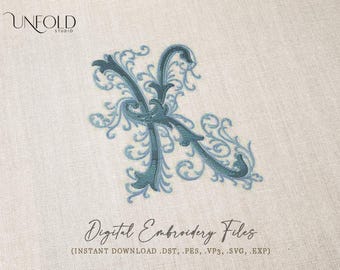 K monogram embroidery files with flourish swirl decoration in 3", 4" and 5" in height, file formats available in vp3, svg, pes, exp and dst
