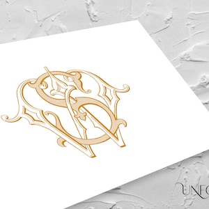 May include: A gold monogram with the letters "S" and "W" intertwined in a decorative, ornate font.