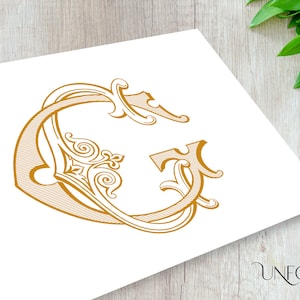 May include: A gold-colored, ornate letter "G" design on a white background. The letter features decorative flourishes and scrollwork. The image is on a white surface with the "UNFOLD STUDIO" logo in the bottom right corner.