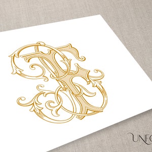 Puede incluir: Un monograma dorado con las letras "S" y "R" entrelazadas en una fuente decorativa, ornamentada y estilizada. Las letras están rodeadas de intrincados diseños florales.