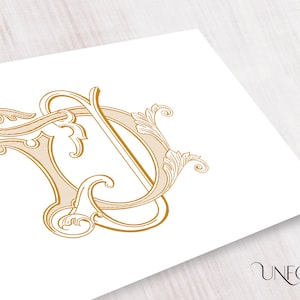 May include: Gold monogram initial letter design with a decorative flourish. The letters are intertwined and have a vintage style.