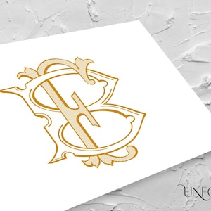 Puede incluir: Un monograma dorado con las letras "B" y "H" entrelazadas en una fuente decorativa y adornada.